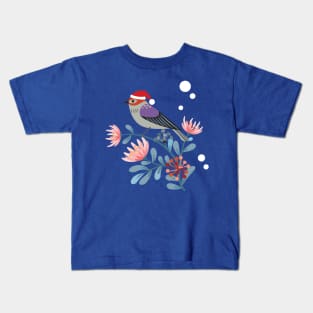 Pretty Holiday Flowers and Finch in Christmas Santa Hat Kids T-Shirt